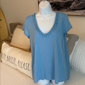 Lilly Pulitzer Light Blue V-Neck Pom-Trim Short Sleeve Tee